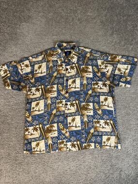 Mango Moon Shirt Mens XL Blue Surfboard Hawaiian Island Aloha Button Up